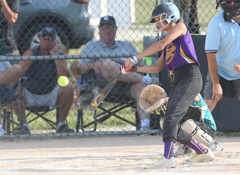 Warriors Olivia Hall-Williams gets a hit against Edge during the Ottawa Girls Fastpitch Association 11U City Championship on Wednesday July 2, 2025 at Peck Park in Ottawa.