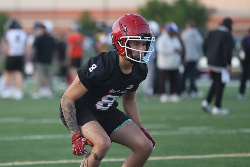 Yorkville’s Nick Valdovinos runs a drill at the IHSA Southwest Suburb Showcase combine on Thursday, May 7, 2026 at Plainfield North High School.