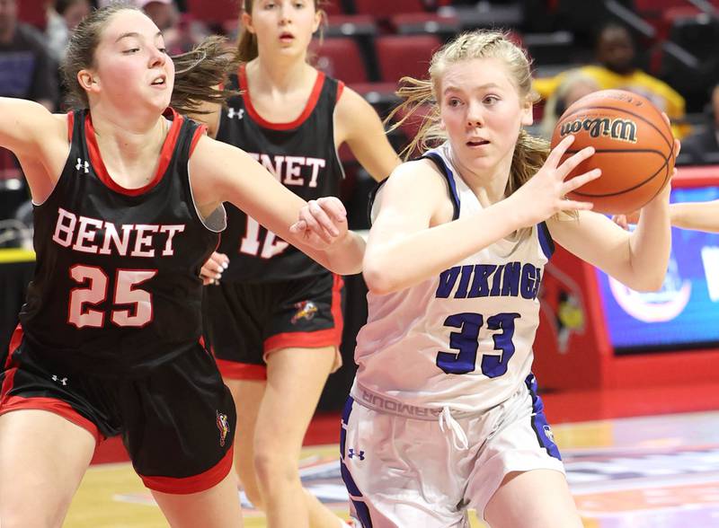 Geneva's Lauren Slagle drives the lane against Benet’s Samantha Trimberger during their Class 4A state semifinal game Friday, March 3, 2023, in CEFCU Arena at Illinois State University in Normal.