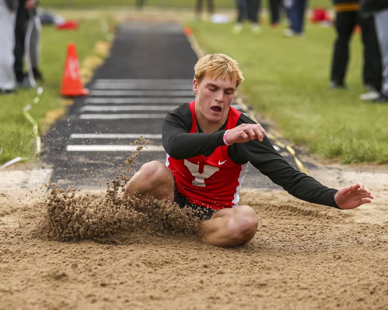 Yorkville's Zane Horeni competes in the triple jump at the Class 3A Minooka Sectional Boys Track and Field Meet Wednesday, May 21, 2025 in Minooka.