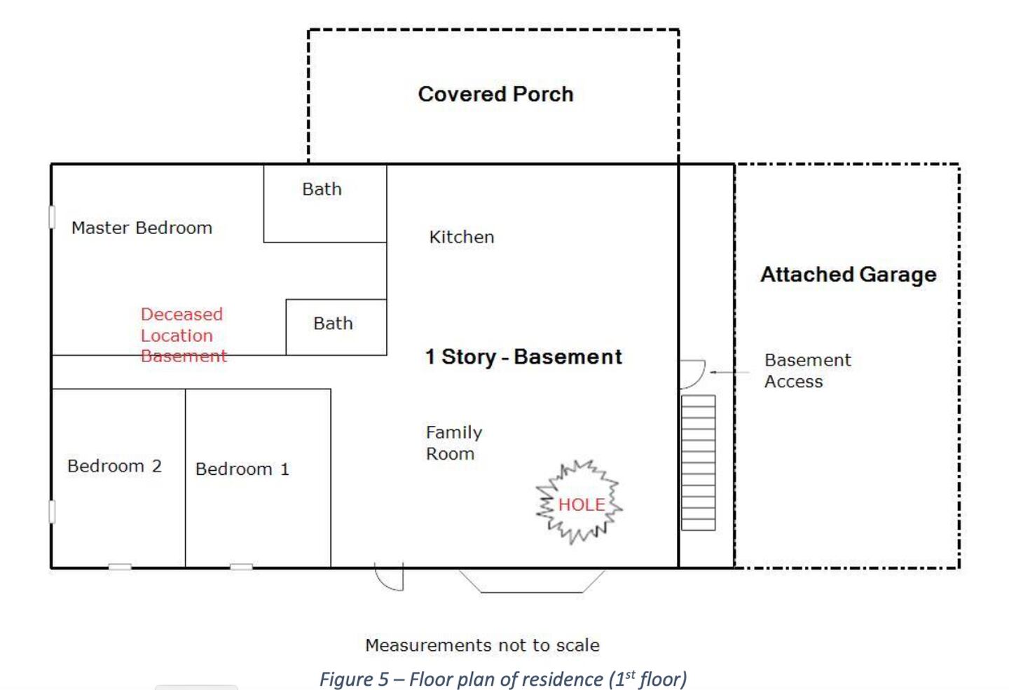 A floor plan diagram indicating the hole in the family room, the stairs providing access to the basement and the location of where firefighter Garrett Ramos was discovered by the search team, as it appears in an Illinois OSHA on the Dec. 3-4 fire on Ridge Road in rural Rock Falls.