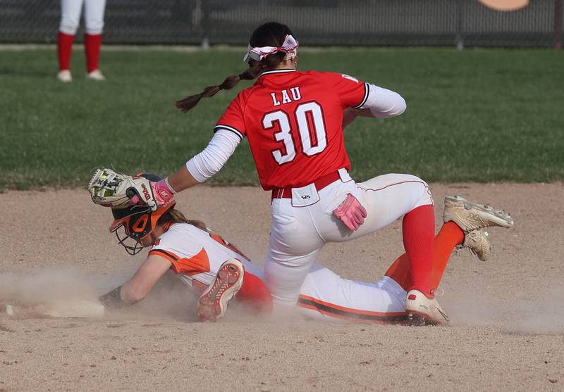 DeKalb's Ayla Baty-Gould is tagged out trying to steal by Naperville Central's Natalie Lau Wednesday, April 16, 2025, during their game at DeKalb High School.
