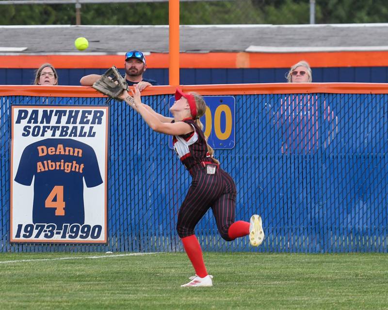 Yorkville's Isla Eidsness (21) miss reads the ball and comes up short with the ball during the game on Tuesday June 3, 2025, while taking on Oswego in the sectional semifinals game held at Oswego High School.