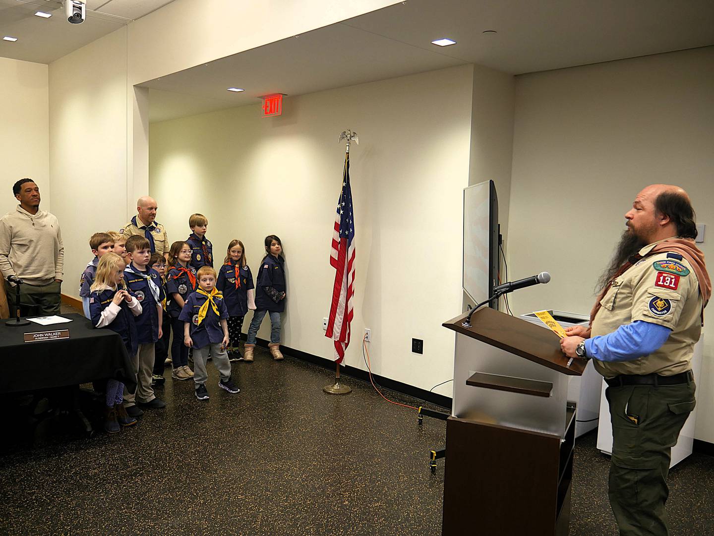 DeKalb Cub Scout Pack 131 leader George Jaros speaks during the DeKalb City Council meeting on Monday, Feb. 23, 2026, at the DeKalb Public Library.