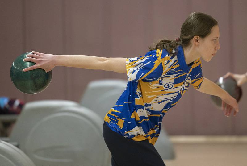 Sterling’s Sarah Doughty bowls against Galesburg Tuesday, Jan. 7, 2025, at Blackhawk Lanes.