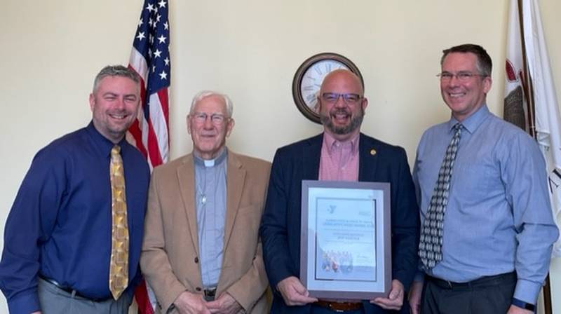 State Rep. Jeff Keicher, R-Sycamore, received the Legislative Hero Award 2022 from the Illinois State Alliance of YMCAs. Pictured (from left) are YMCA Board members Brandon Diviak and the Rev. Bob Hansen, Keicher and YMCA Executive Director Mark Spiegelhoff.