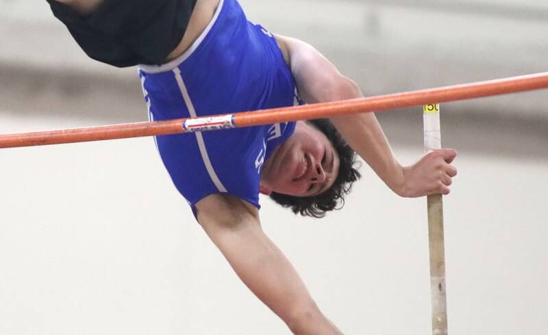 Burlington Central’s Jason Davis clears the bar in the pole vault in Fox Valley Conference boys track and field meet action at Huntley High School in Huntley on Thursday, May 15, 2025.