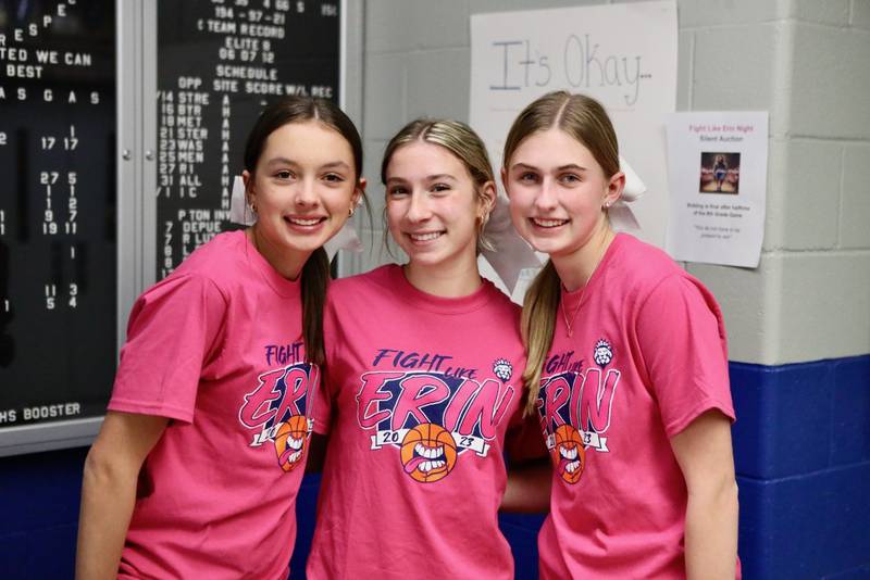 Fight like Erin NightThe PHS poms, including Alexandra Waca (from left), Ruby Acker and Avery Waca, supported the Fight like Erin Night Tuesday at Princeton High School