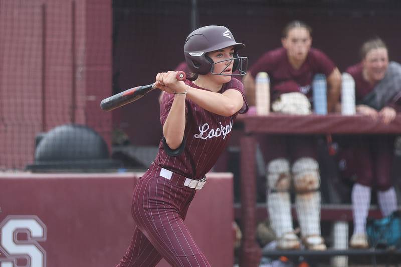 Lockport’s Taylor Lane adds two insurance runs against Lincoln-Way East in the bottom of the sixth on Monday, April 13, 2026 in Lockport.