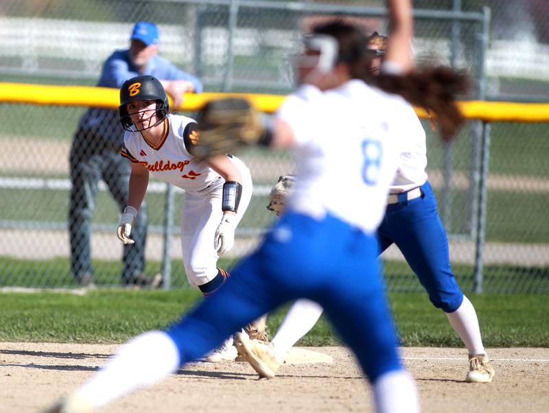 Batavia's Mackenzie Krauch leads off from third base during a game on Tuesday, May 6, 2025 against Geneva in Batavia.