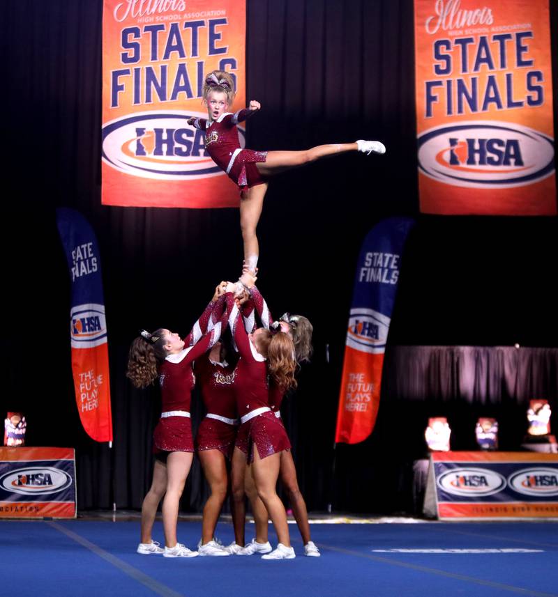 Members of the Richmond-Burton cheerleading team compete in the small team division of the IHSA State Finals on Saturday, Feb. 8, 2025 at Grossinger Motors Arena in Bloomington.