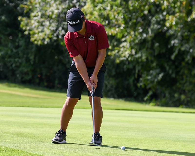 Evan Lee of Plainfield North putts during the Plainfield Central regional on Wednesday Oct. 1, 2025, held at Wedgewood Golf Course in Plainfield.