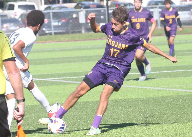 Mendota's Cesar Casas kicks the ball away from Quincy Notre Dame's Tedros Berhorst during the Class 1A Sectional semifinal game on Saturday, Oct. 21, 2023 at Illinois Valley Central High School in Chillicothe.