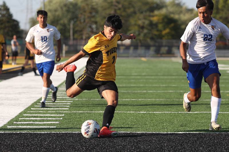 Joliet West’s Gio Alipio takes a shot against Joliet Central on Tuesday, Oct. 3, 2023 in Joliet.