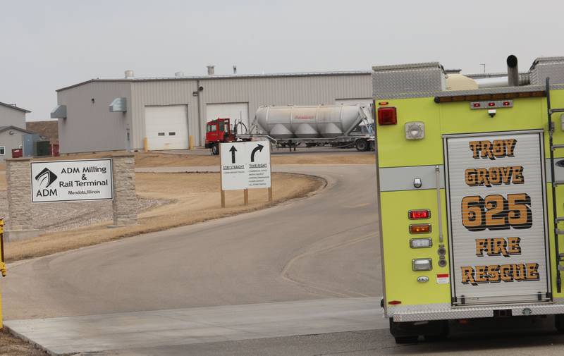 A Troy Grove fire truck enters the ADM Milling and Rail Terminal on Tuesday, Feb. 24, 2026 in Mendota. There was a report of an explosion in the bay area.  The incident happened shortly before 9:30a.m.