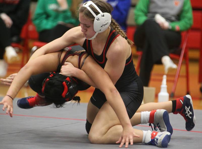 L-P's Danica Scoma wrestles Morris on Thursday, Jan. 11 2024 in Sellett Gymnasium.