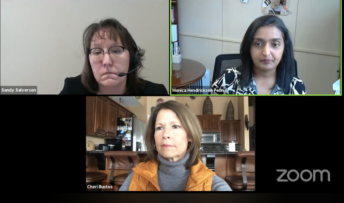U.S. Rep. Cheri Bustos hosted a virtual town hall on the COVID-19 vaccine Wednesday with Peoria Health Administrator Monica Hendrickson and Sandy Salverson, VP of Pharmacy Operations at OSF Healthcare.