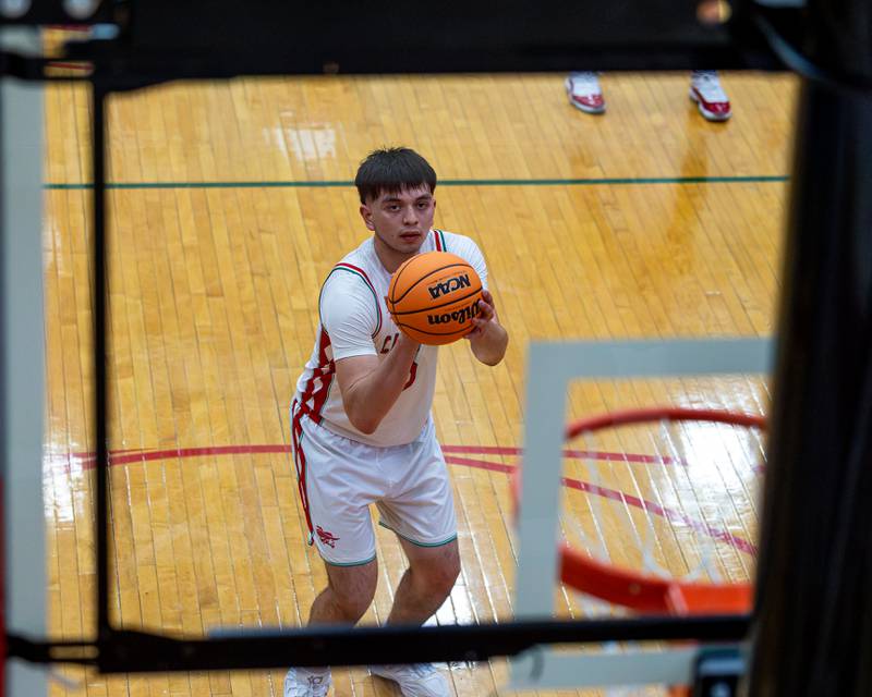 Erick Sotelo (5) of LaSalle-Peru shoots free-throw in game against Kaneland on Friday, Feb. 20, 2026 in Sellett Gymnasium at L-P High School.