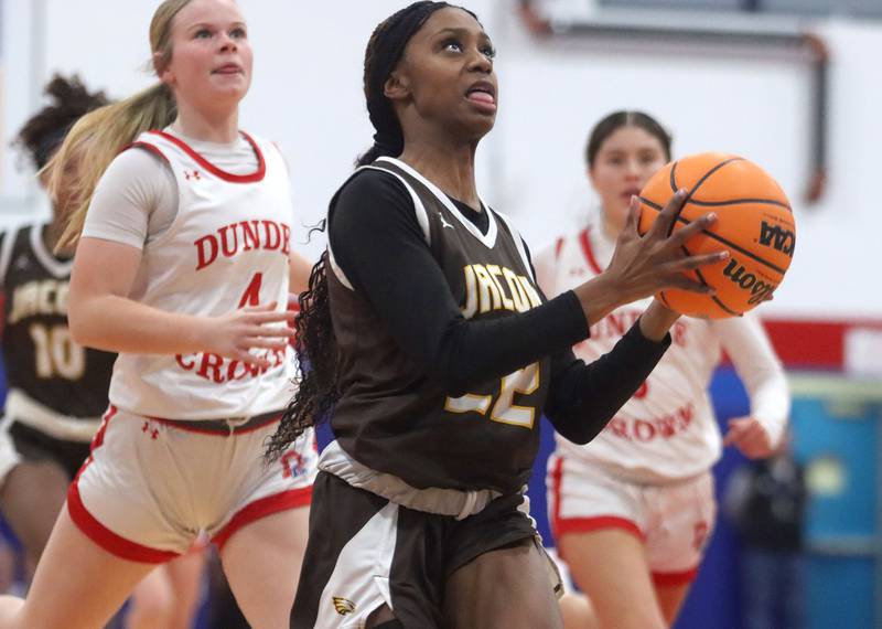 Jacobs’ Bri Ramsey heads to the hoop in varsity girls basketball on Friday, Dec. 12, 2025, at Dundee-Crown High School in Carpentersville.