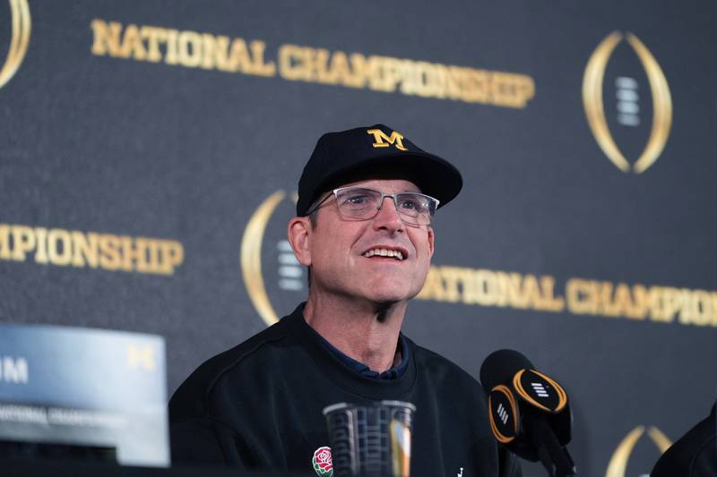 Michigan head coach Jim Harbaugh speaks during a news conference Tuesday, Jan. 9, 2024, the day following the College Football Playoff title game in Houston.