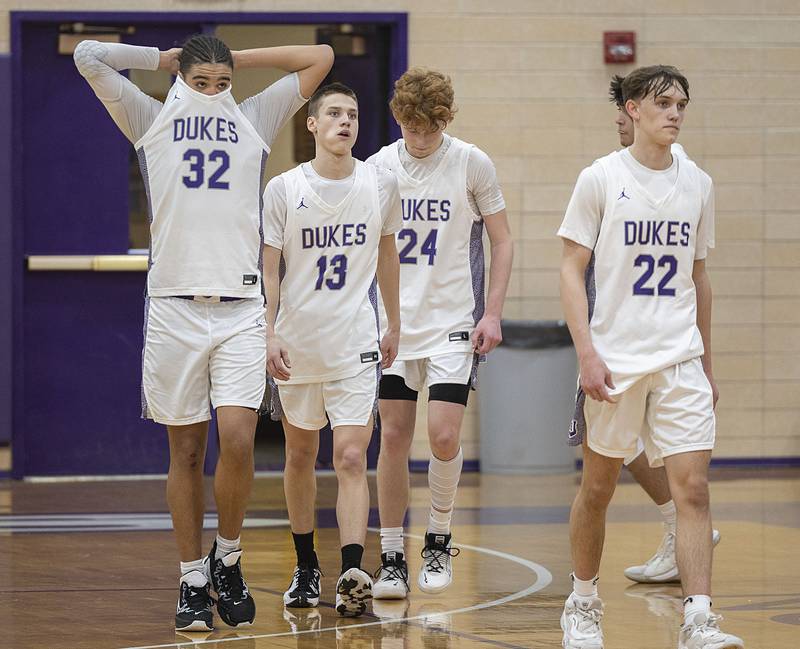 Dixon comes off the court following their loss against Ottawa Wednesday, Feb. 22, 2023 during a 3A sectional semifinal game. The Dukes lost 61-52.