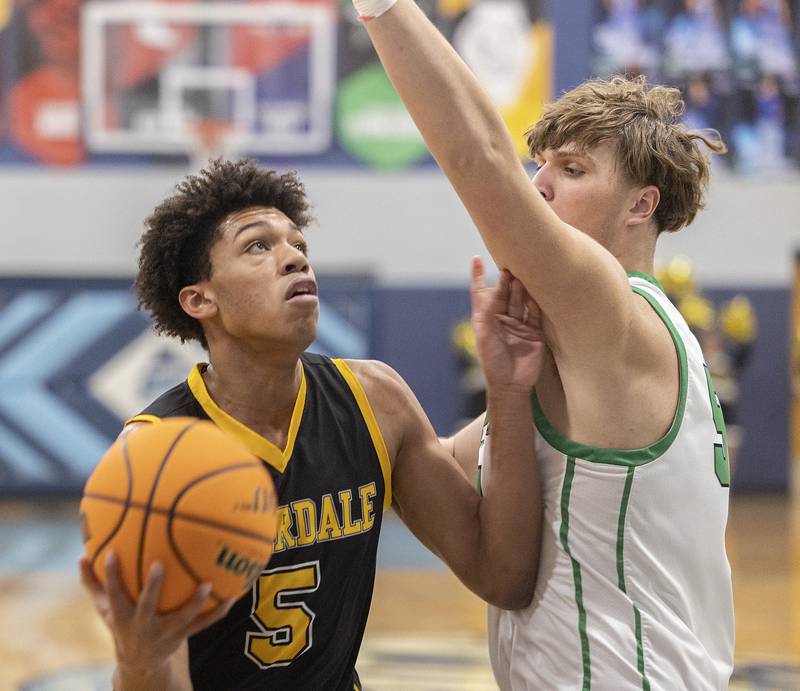 Riverdale’s Aris Morgan works against Rock Falls’ Cole Mulnix Friday, Feb. 28, 2025, during the Class 2A Regional final at Bureau Valley High School.