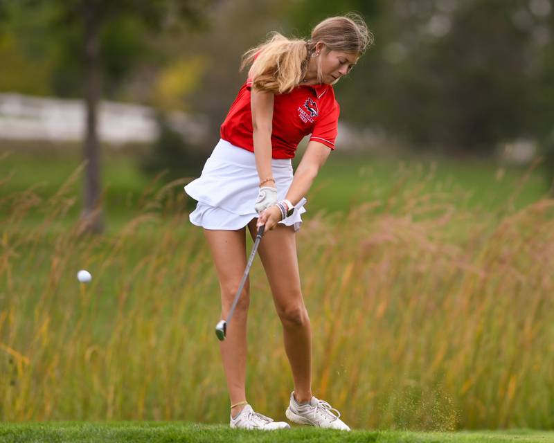Yorkville Cassidy Madden tees off during the regional match up on Thursday Sep. 28, 2023, held at Whitetail in Yorkville.