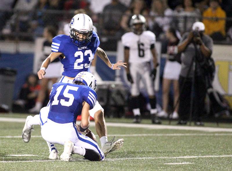 Geneva's JT Frieders kicks a 40-yard field goal during a home game against Kaneland on Friday, Sept. 3, 2021.