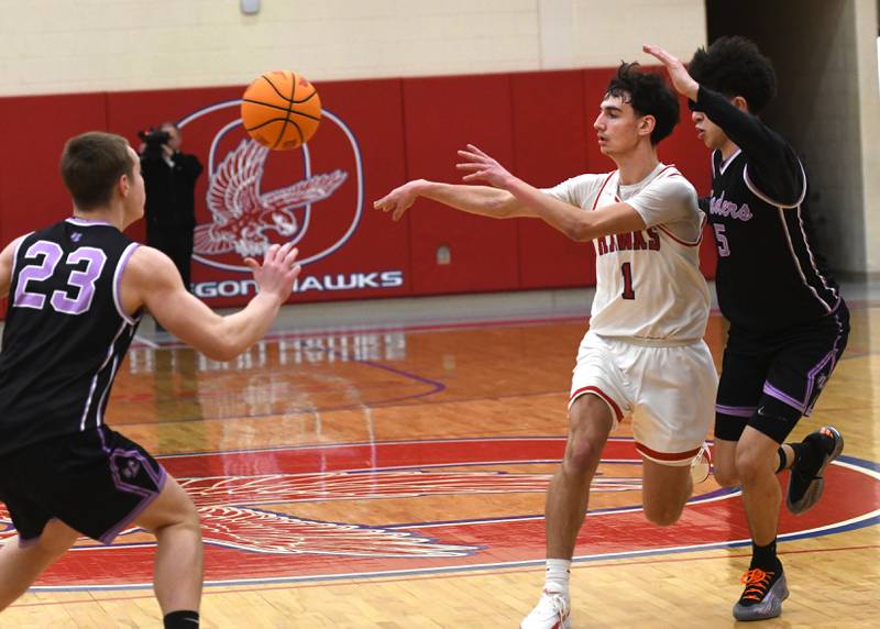 Oregon's Benny Olalde (1) drives and kicks the ball out to a teammate during action against Rockford Lutheran' on Friday, Feb. 6, 2026 at the Blackhawk Center.