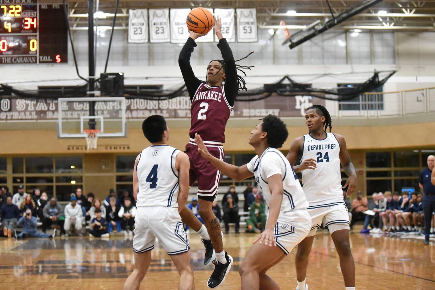 Kankakee's Kenaz Jackson (2) takes a shot during the Kays' game against DePaul Prep at the Team Rose Shootout at Mount Carmel Sunday, Dec. 14, 2025.