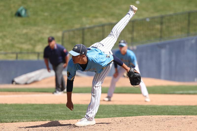 Marquette’s Taylor Waldron delivers a pitch against Leroy in the IHSA Class 1A third-place game played Saturday, June 4, 2022, in Peoria.