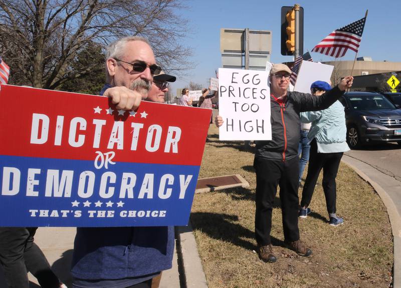 Protesters voice their displeasure with President Donald Trump Friday, March 14, 2025, in front of the DeKalb County Courthouse in Sycamore. The group was protesting recent cuts by the Trump administration to the Department of Veterans Affairs.
