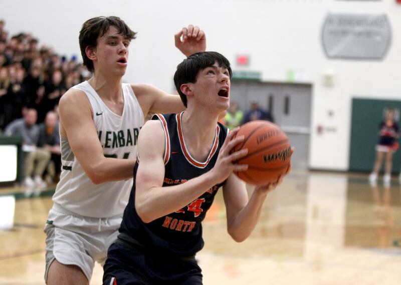 Naperville North’s Charlei Farrell looks for an opening during a Class 4A Bartlett Sectional semifinal game against Glenbard West on Tuesday, March 1, 2022.