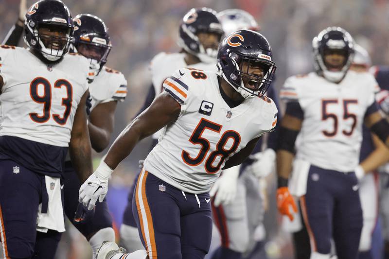 Chicago Bears linebacker Roquan Smith celebrates during the second half, Monday, Oct. 24, 2022, in Foxborough, Mass.