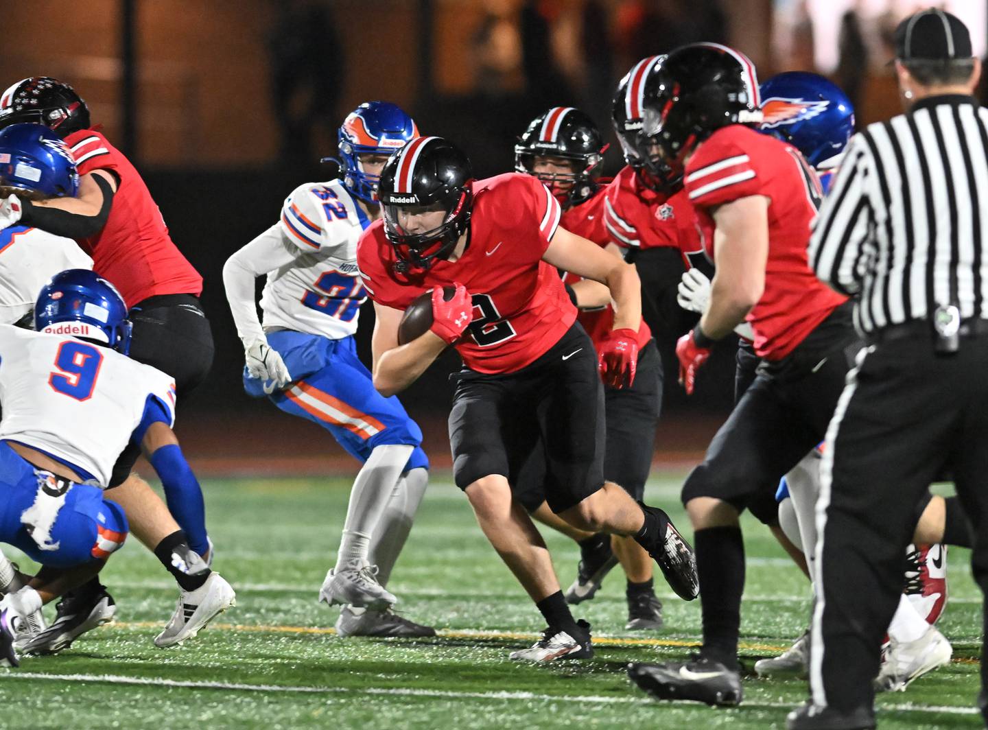 Lincoln Way Central's Robert Tingley (2) finds an opening during the Class 7A second round playoff game against Hoffman Estates on Friday, Nov 08, 2024 at New Lenox. (Dean Reid for Shaw Local News)