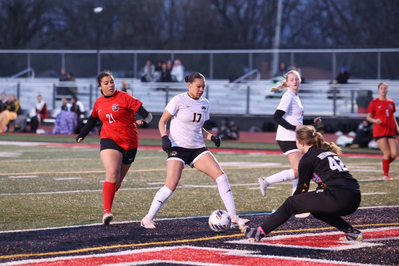 Herscher goalkeeper Addie Wilkins secures the ball as teammate Leia Haubner helps defend during Bradley-Bourbonnais' 4-3 victory on Monday, April 6, 2026.