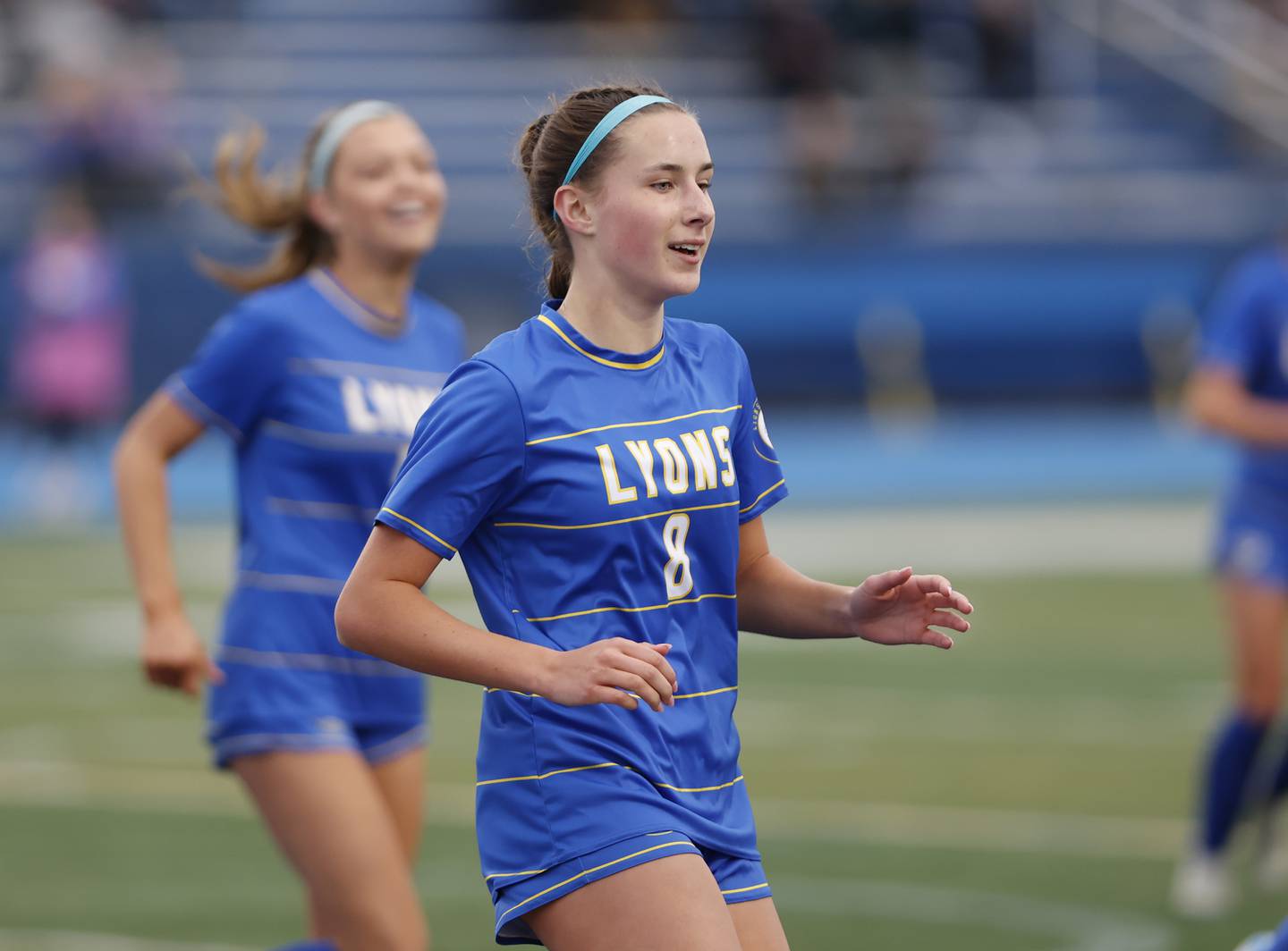 Lyons Township's Carolina Capizzi (8) celebrates her goal during the girl's varsity soccer match between Lyons Township and Wheaton Warrenville South high schools on Thursday, March 27, 2025 in Western Springs.