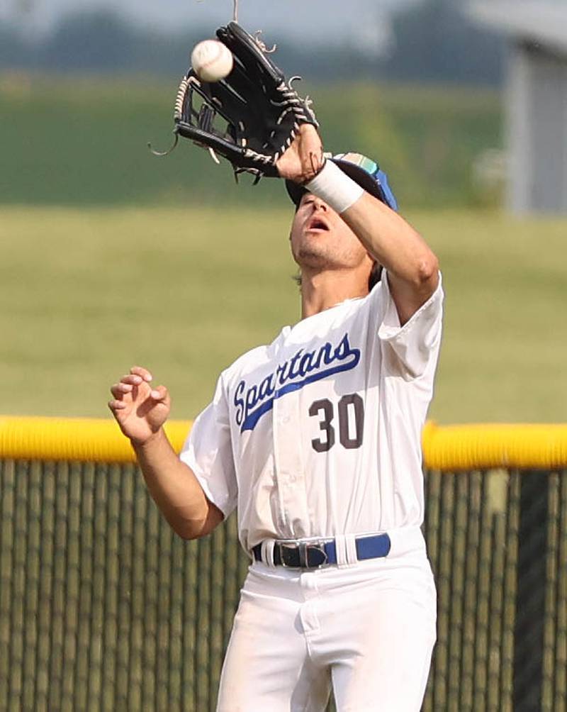 St. Francis' Thomas Smith catches a fly ball during their Class 3A regional semifinal game against Sycamore Thursday, June 1, 2023, at Kaneland High School in Maple Park.