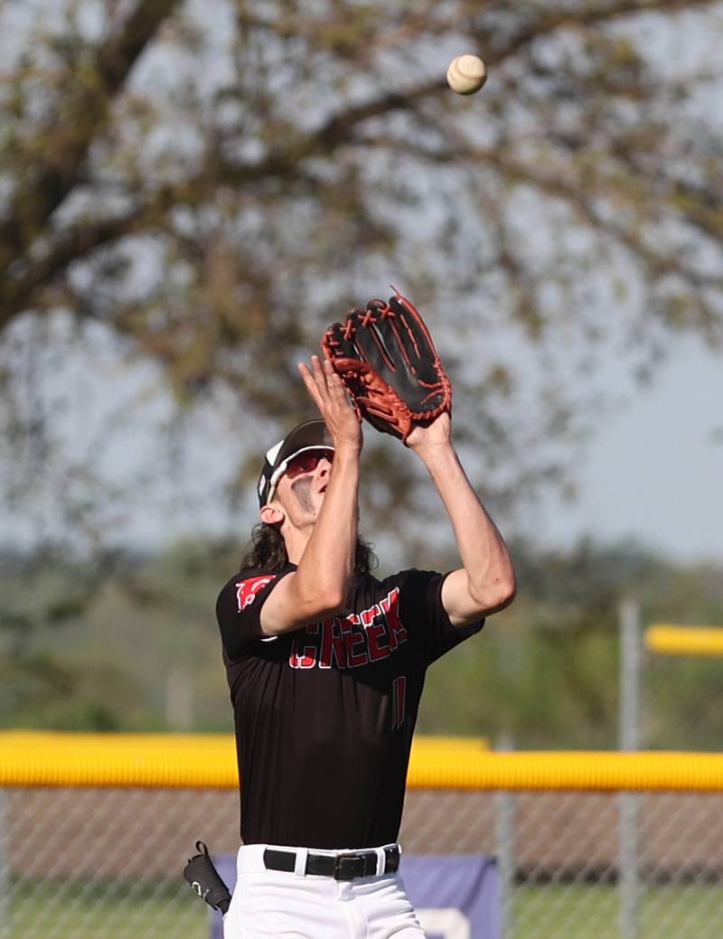 Indian Creek's Jeffrey Probst makes a catch Monday, May 16, 2022, at Hinckley-Big Rock High School during the play-in game to decide who will advance to participate in the Class 1A Somonauk Regional.