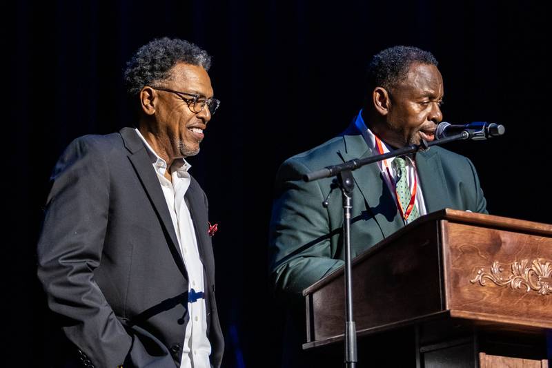 Verne ‘Tony’ Allison and Marvin Junior Jr. accept an induction on behalf of Vee-Jay Records during the Illinois Rock & Roll Hall of Fame Induction ceremony on Sept. 14, 2025.