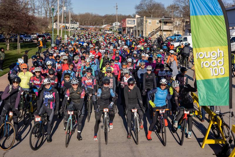 Cyclists waiting to begin the Rough Road 100 in Morris on April 6, 2024.