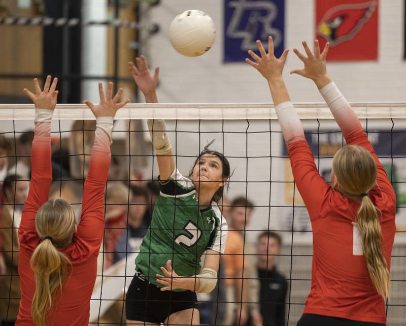 Rock Falls' Kaltrina Lecaj hammers a shot against Oregon Wednesday, Oct. 22, 2025.