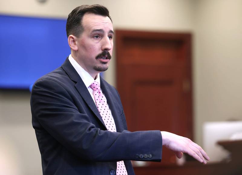 Special prosecutor Derek Dion delivers his opening statement Wednesday, Feb. 18, 2026, during Hamza Khatatbeh’s murder trial at the DeKalb County Courthouse in Sycamore. Khatatbeh is accused of fatally stabbing Sycamore 17-year-old Kaleb McCall in 2023.