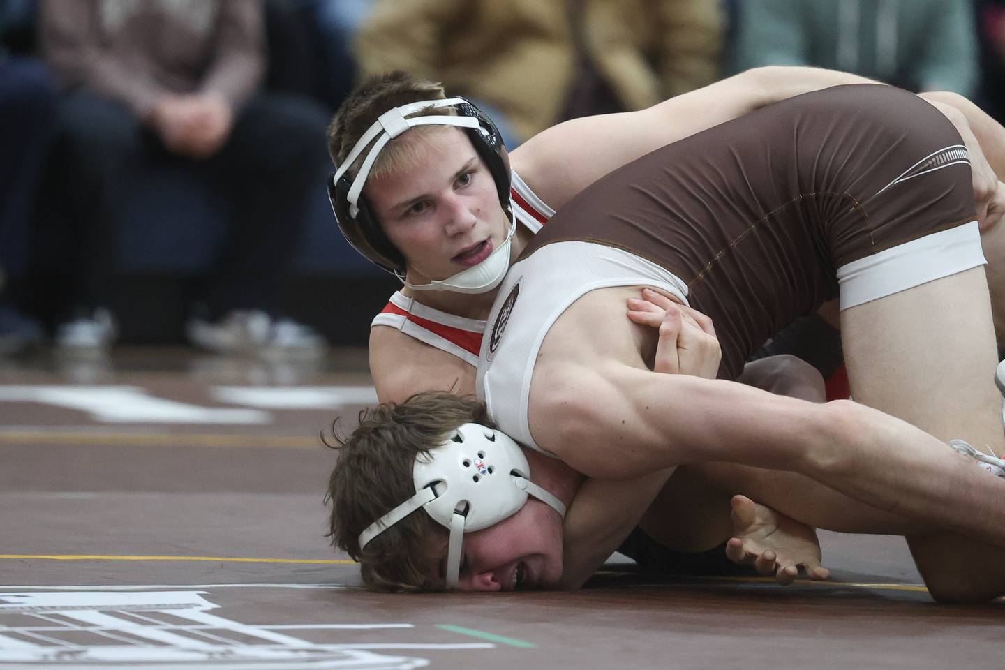Marian Central’s freshman Jimmy Mastny had an impressive match falling 3-1 to state runner-up Eddie Enright of Mt. Carmel in the final 13 seconds in the tri-meet at Joliet Catholic on Thursday, Jan. 18th, 2024 in Joliet.