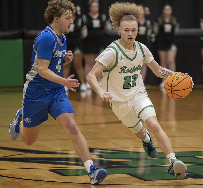 Rock Falls’ Nehemiah Menendez dribbles against Princeton’s Jayden Fulkerson Saturday, Jan. 4, 2025, at the Rock Falls Shootout.