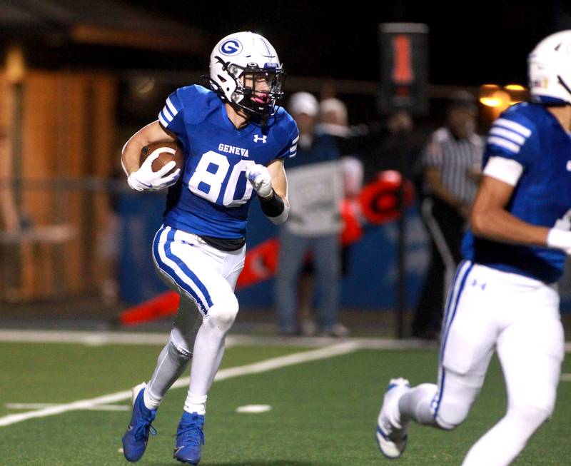 Geneva’s Bennett Konkey returns a kick-off during a game against Wheaton North on Friday, Oct. 11, 2024 at Geneva.