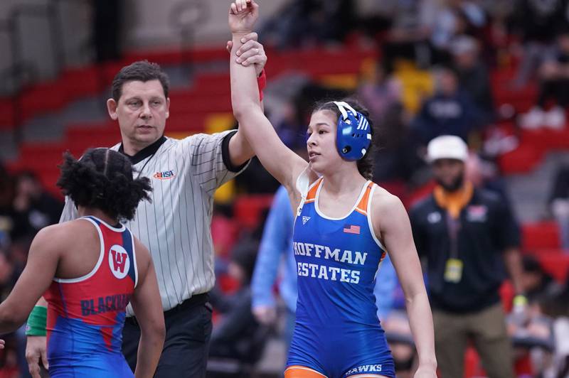 Hoffman Estates’ Sophia Ball wins her 120 pound championship match against West Aurora’s Aiyanah during the Schaumburg Girls Wrestling Sectional at Schaumburg High School on Saturday, Feb 10, 2024.