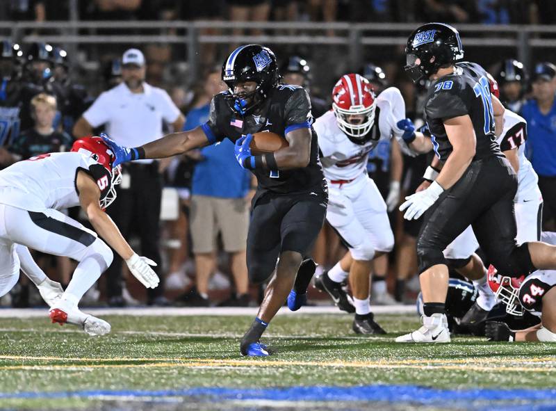 Lincoln-Way East's Zion Gist rushes for a big gain during a non-conference game against Maine South on Friday, Aug. 30, 2024, at Frankfort. (Dean Reid for Shaw Local News Network)