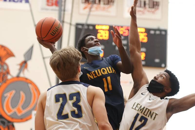 Neuqua Valley’s Jayden Dean takes a shot against Lemont in the Warrior Showdown shootout at Lincoln-Way West. Saturday, Jan. 29, 2022 in New Lenox.