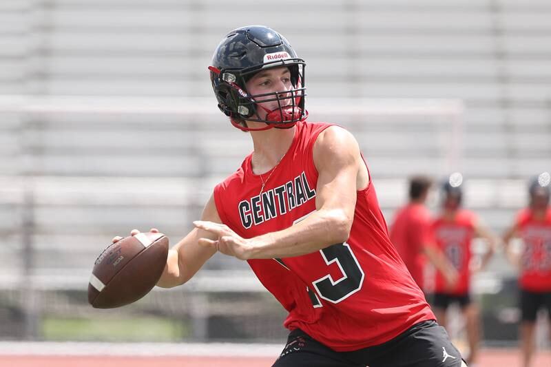 Lincoln-Way Central’s Michael Kuehl looks to pass during a 7-on-7 scrimmage at Lincoln-Way East on Tuesday, July 18th, 2023 in Frankfort.
